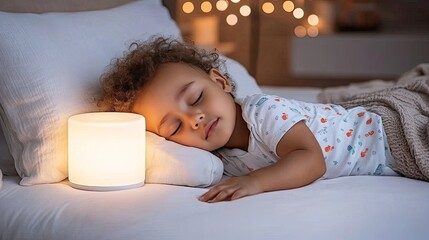 A peaceful newborn girl is sleeping in a cozy bed while a white robot arm gently holds a charming milk bottle decorated with a sun design, creating a warm atmosphere