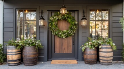 The inviting entrance features a dark wood door and large window, surrounded by hanging lights and lush plants in wooden vases, creating a warm atmosphere at a luxurious restaurant