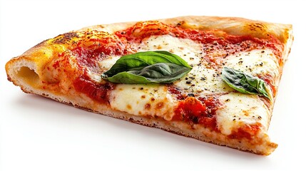   Close-up image of pizza slice featuring basil and cheese on white background, adorned with green leafy garnish