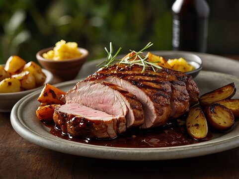 Soczysty schab w aromatycznych przyprawach: czosnek w proszku, papryka, czarny pieprz podawany z ziemniakami