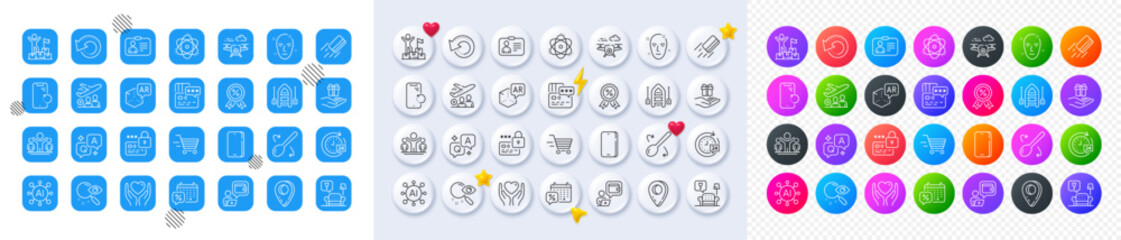 Boat, Phone and Hold heart line icons. Square, Gradient, Pin 3d buttons. AI, QA and map pin icons. Pack of Credit card, Card, Cooking spoon icon. Vector