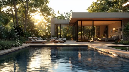 Fototapeta premium Modern house with swimming pool and patio furniture, surrounded by lush greenery and trees.