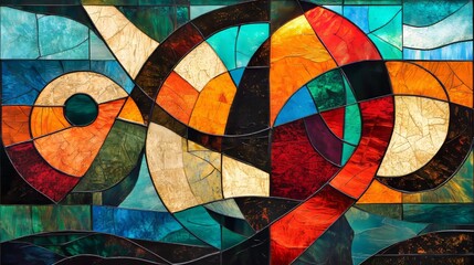 Abstract stained glass with sharp color patterns, emphasizing geometry. 