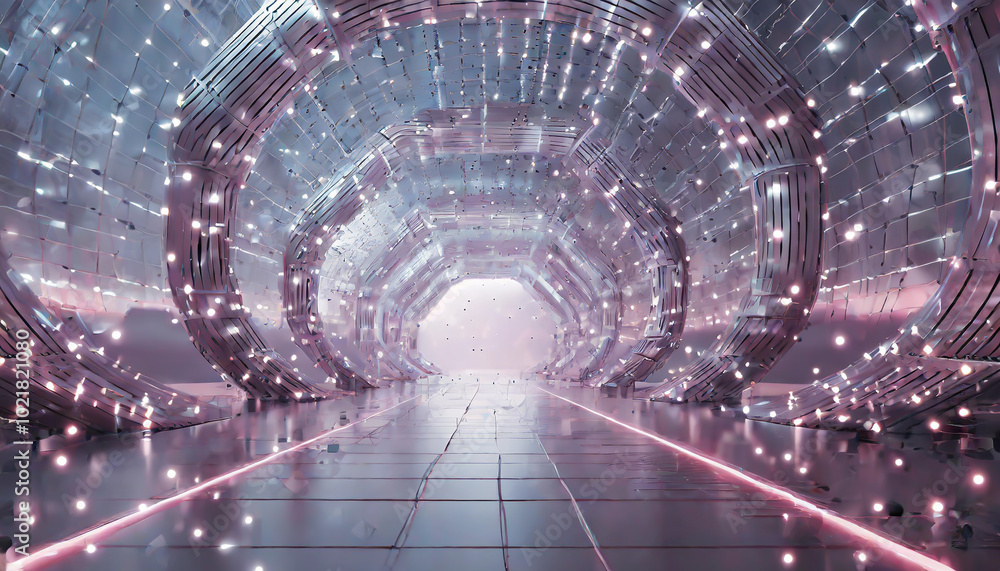 Poster a futuristic corridor illuminated by soft lights, creating a surreal pathway leading toward an unkno