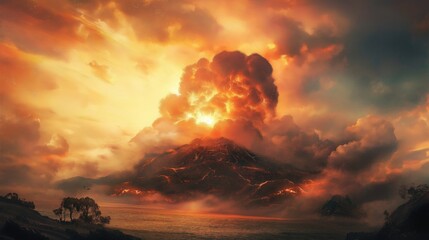 Fototapeta premium A dramatic volcanic eruption with fiery lava and dark clouds against a vibrant sunset sky.