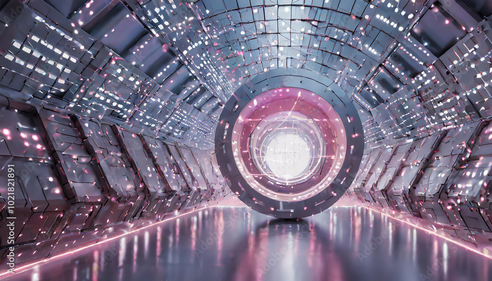 Poster Futuristic tunnel design with glowing lights and intricate patterns in a high-tech environment