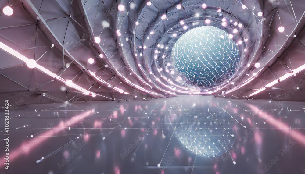 Poster futuristic tunnel with glowing spherical structure illuminated by soft lights and reflections during
