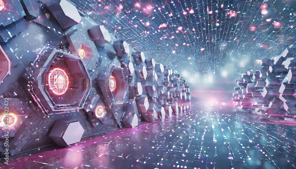 Poster a futuristic hallway with hexagonal patterns and glowing elements illuminated by vibrant lights