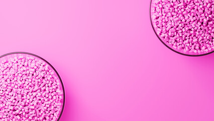 Top view on two glass cups with pink plastic polypropylene granules, masterbatch polymer grain, on pink backdrop. HDPE or PVC resin pellets. 3d render illustration