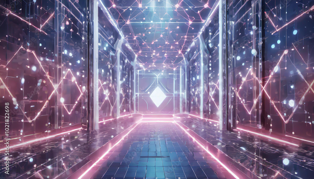 Poster modern digital corridor with glowing lights and geometric patterns in a futuristic space