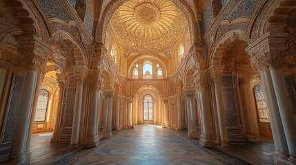 A grand hall with intricate tilework and a dome ceiling, bathed in warm sunlight. The room features numerous columns and arched doorways, creating a sense of grandeur and history.