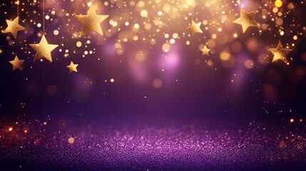 Obraz premium Celebration background with stars, shadows, and glittering dust trails on a purple backdrop. 