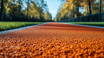 Close-up of a red running track with green grass and trees in the background.