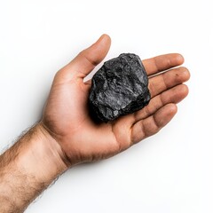 Obraz premium A hand grasps a dark mineral, highlighting its texture and form, in a bright and neutral setting