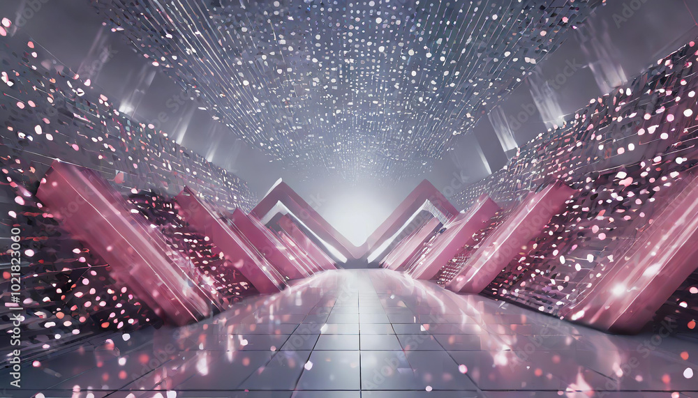 Poster a vibrant digital abstract corridor filled with glowing geometric patterns and sparkling elements cr