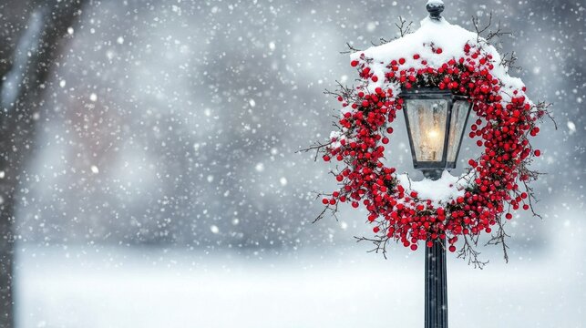 A black street lamp adorned with a festive wreath of red berries stands out in a snowy landscape while snowflakes gently fall around it, creating a serene winter atmosphere