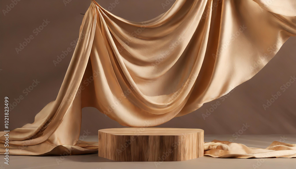 Aufkleber elegant draped fabric creates a soft and luxurious backdrop in a minimalist studio setting with wood