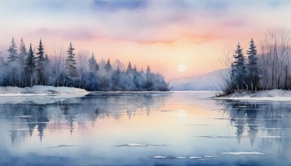 Fototapeta premium Watercolor ethereal winter sunset over frozen lake with silhouetted trees