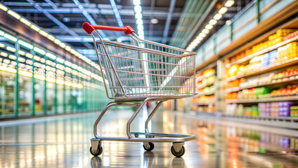empty shopping cart in grocery store aisle
