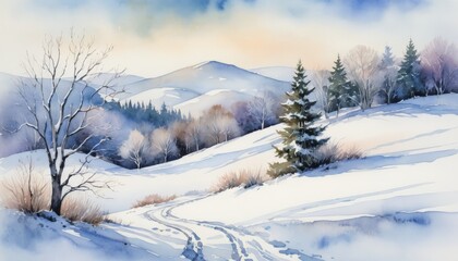 Watercolor winter wonderland with snowy path winding through bare trees and evergreens