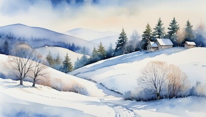 Obraz premium Watercolor serene winter landscape with gently rolling snow-covered hills and misty forests
