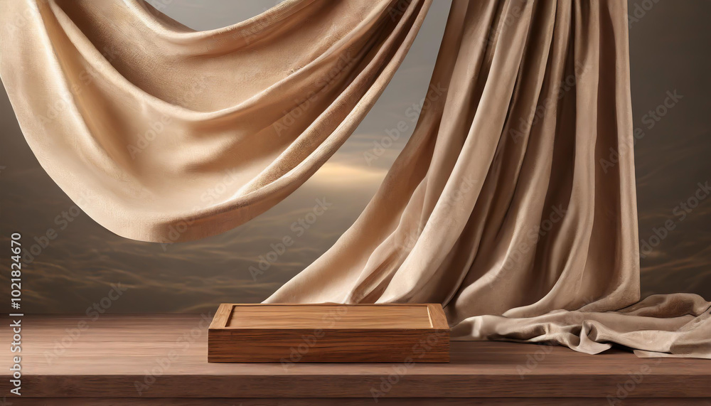 Poster elegant fabric drapes over a wooden display base in a serene setting with soft lighting and neutral 