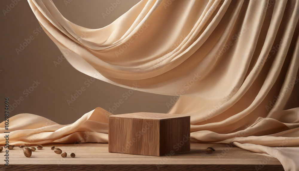 Poster elegant fabric drapes over a wooden block on a rustic table in warm lighting during a serene afterno