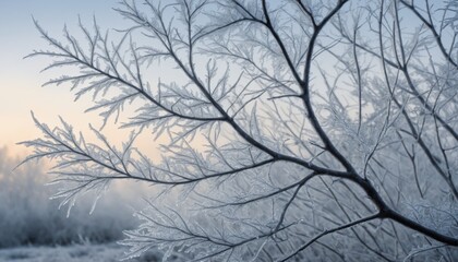 Obraz premium Close-up of intricate frost patterns on bare tree branches against pale winter sky