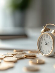 Financial Planning Concept with Gold Coins, Calendar, and Alarm Clock on White Table