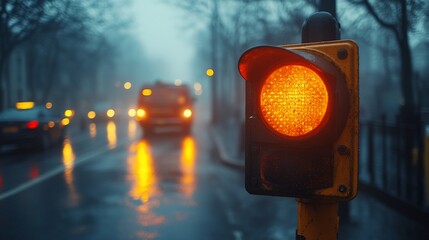 A traffic light with an amber light showing, with a blurred background of cars driving in the rain and fog.