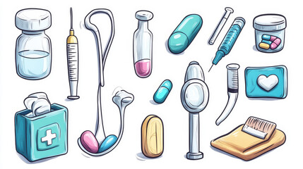 Obraz premium Cute cartoon drawings of medical tools like a vaccine, stethoscope, pills, and a medicine box. It represents healthcare and medicine.
