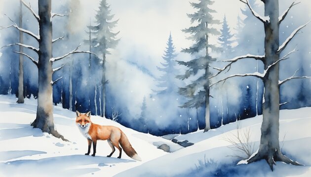 Watercolor cunning fox with alert posture traversing snowy winter forest landscape