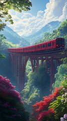 Fototapeta premium Red train on bridge over mountains and green forest, scenic landscape illustration