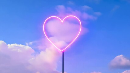 A glowing pink neon heart against a clear blue sky and fluffy white clouds, symbolizing love and romance. ideal for valentine's day themes, greeting cards, and romantic designs.
