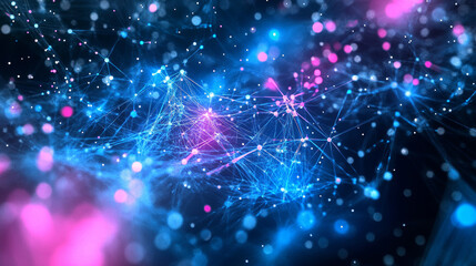 Obraz premium DNA is shown as a network of blue and pink particles linked together. This image represents the science of medicine and big data, showing a futuristic idea of how a gene cell might look.