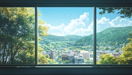 Fototapeta premium Window view of a peaceful Japanese mountain village with green hills, lush trees, and a blue sky