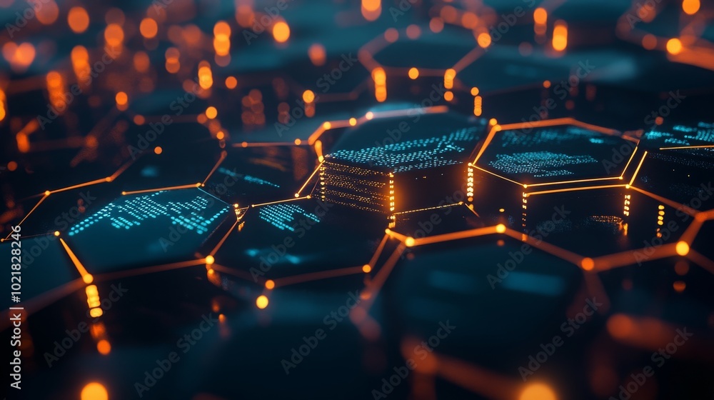 Poster glowing lines and dots connecting in a hexagon grid, representing digital data.