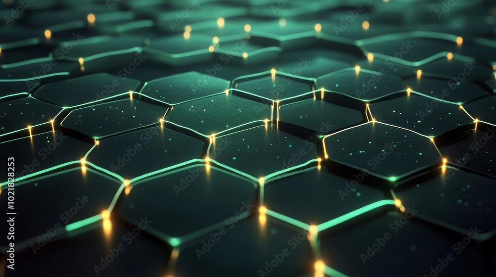 Poster glowing lines and dots connecting in a hexagon grid, representing digital data.