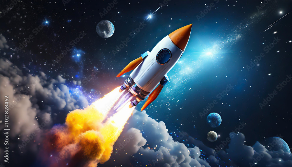 Poster a vibrant rocket launching into space surrounded by colorful clouds and distant planets during a sta