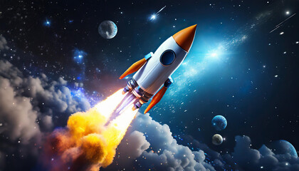 A vibrant rocket launching into space surrounded by colorful clouds and distant planets during a starry night