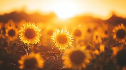  A golden sunflowers field bathed in sunset light