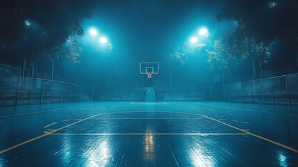 An empty basketball court with a hoop at night with bright lights.
