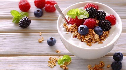 A bowl of Greek yogurt topped with granola, honey, and fresh berries