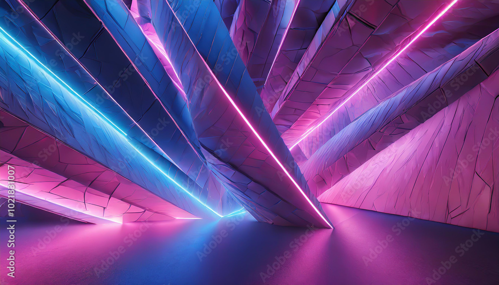 Poster brightly lit abstract geometry featuring neon colors and sharp angles in a modern art installation