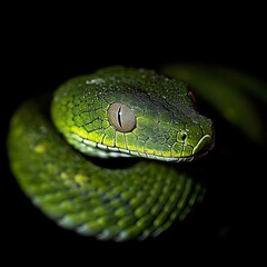 Fototapeta premium Close-Up of a Vibrant Green Snake Coiled, Highlighting Its Scales Symbol of the Wood Snake.