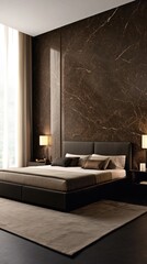 This stylish bedroom boasts a sleek white bed frame against a black marble wall, with dark green curtains framing large windows and a modern pendant lamp illuminating the space.