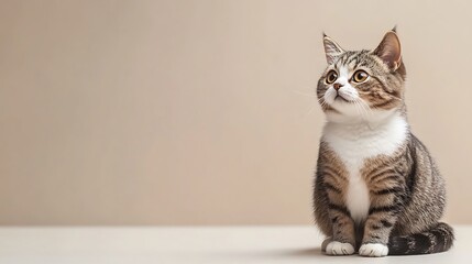 A cute Munchkin cat sitting on a solid background with space above for text, perfect for pet branding
