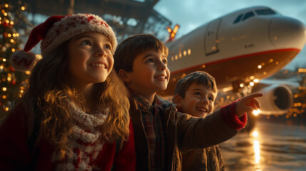 group of cheerful children at the airport pointing to an airplane for holiday tourism trip travel adventures during christmas