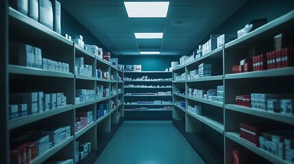 Fototapeta premium Long aisle with shelves of medicine and pharmaceutical products in a pharmacy