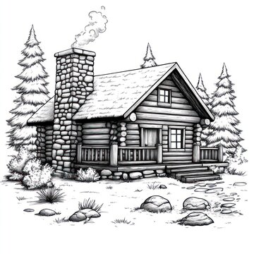 recommend clip art: A hand-drawn illustration of a rustic log cabin with a chimney, a porch, a stone path, and pine trees.